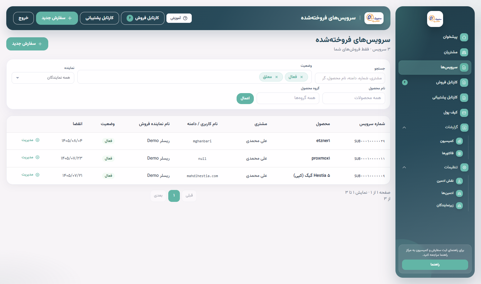 فهرست سرویسهای فروختهشده